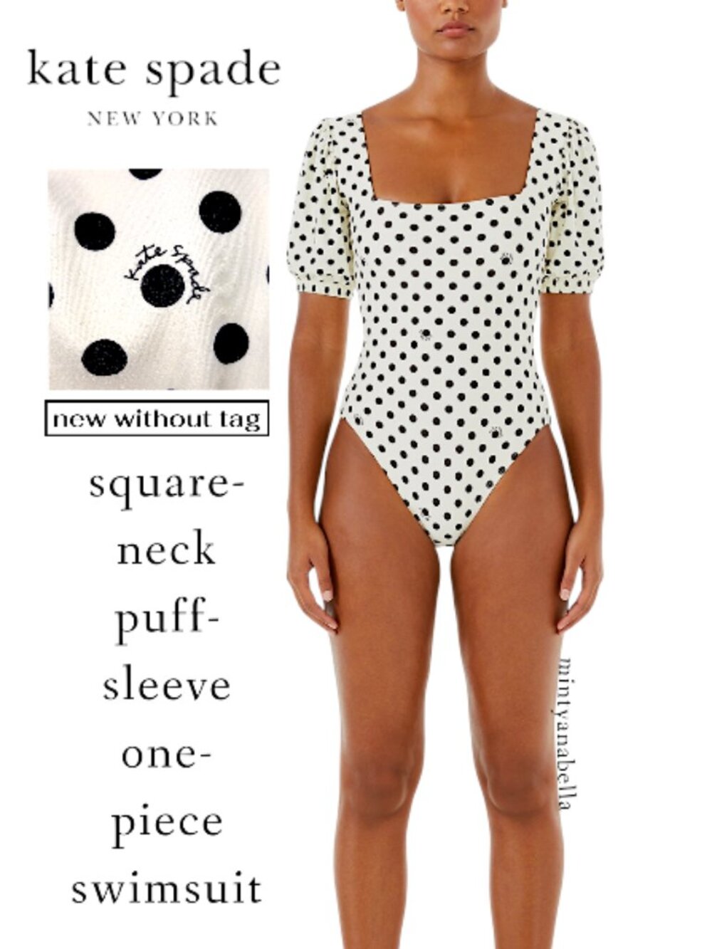 Kate Spade Polka Dot One Piece Puffed Sleeve Swimsuit in Ivory & Black *NWOT